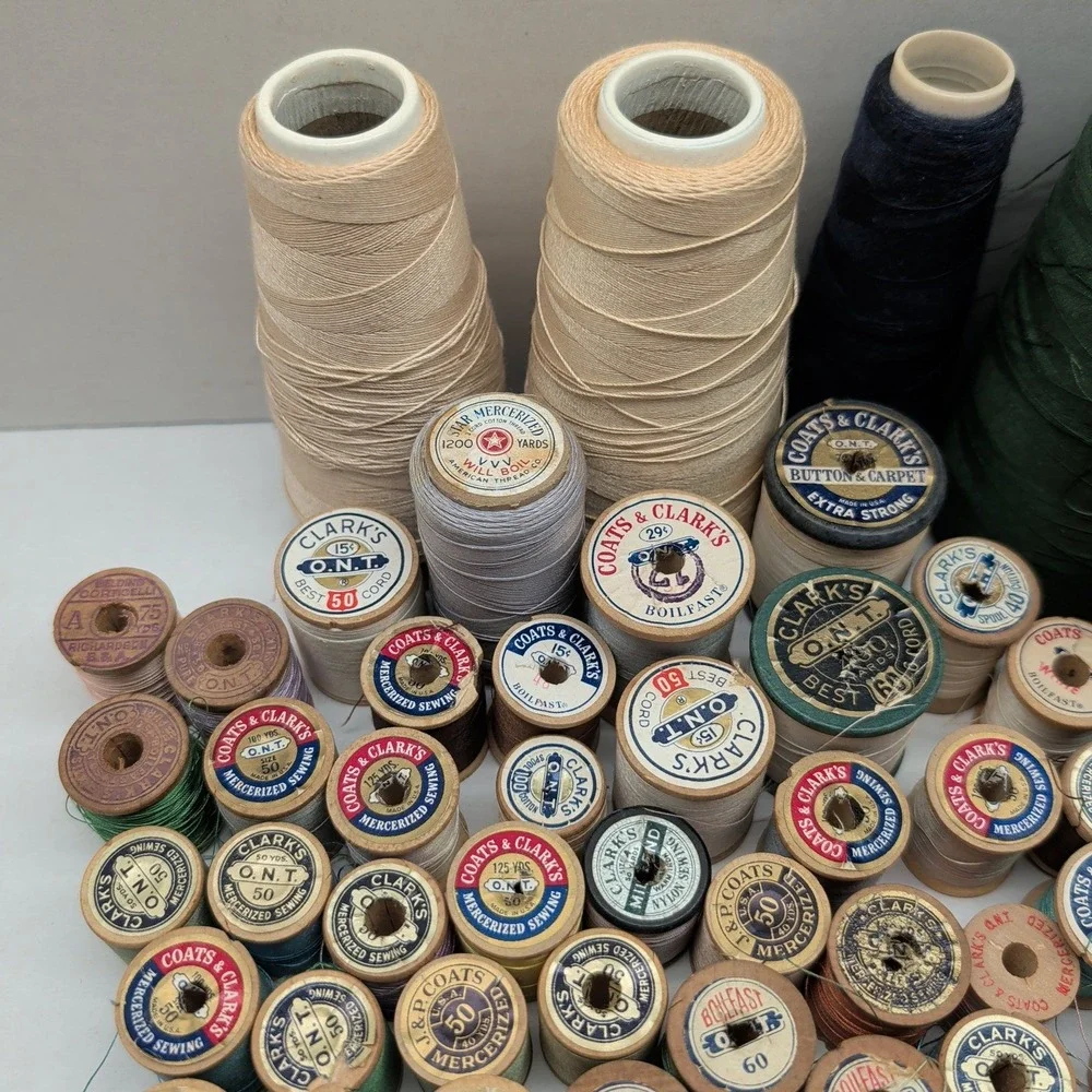 Vintage Sewing Thread Lot Coats & Clark Star Talon Wood Spools Cones Mixed Color